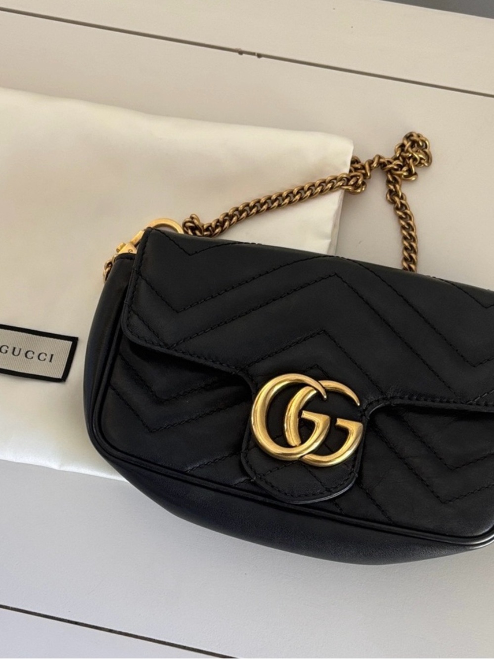 Gucci Black Quilted GG Marmont Crossbody with Gold Hardware